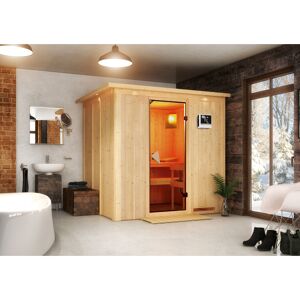 Elementsauna 'Carmen' naturbelassen mit Kranz und bronzierter Tür 3,6 kW Ofen externe Steuerung Easy 210 x 184 x 202 cm