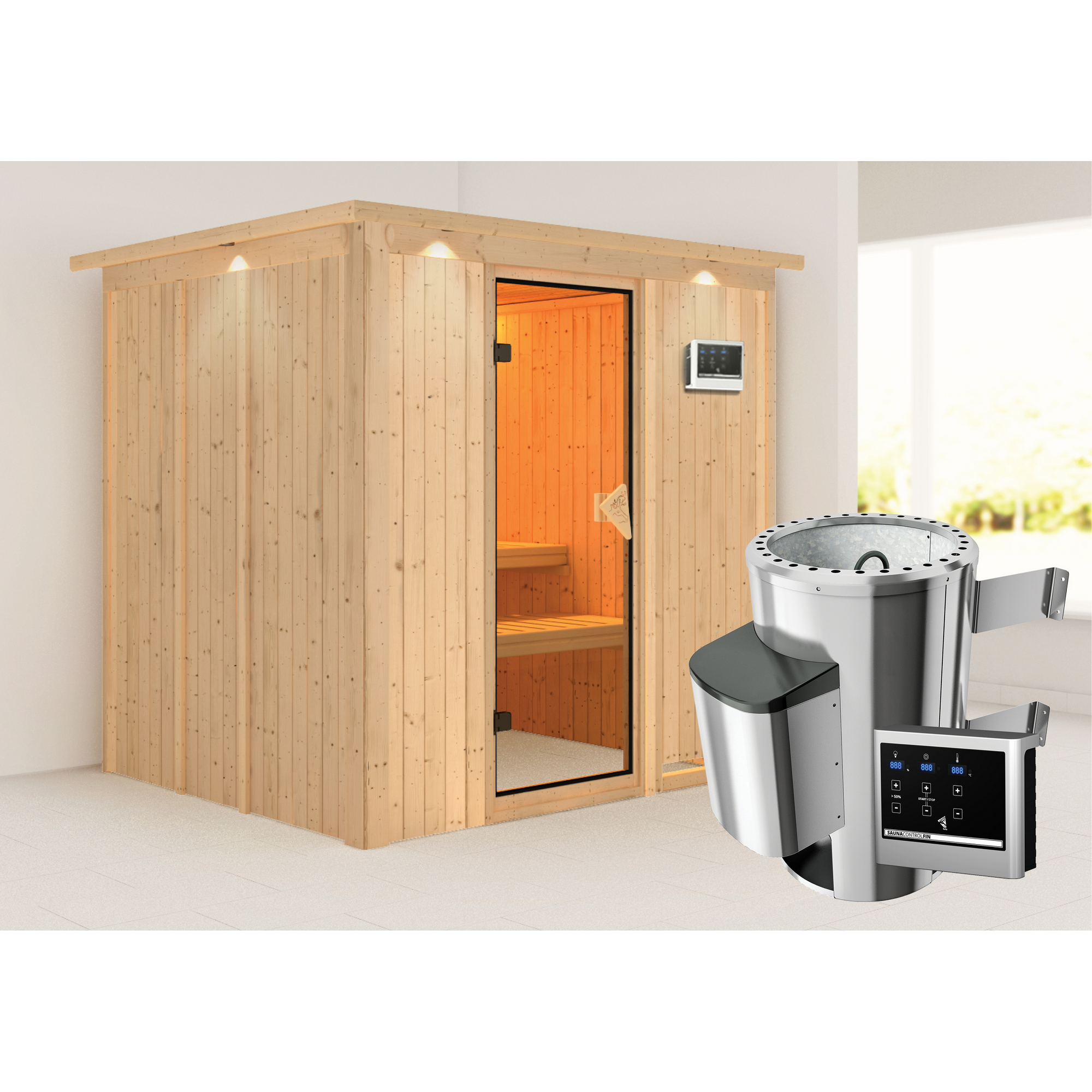 Elementsauna 'Carmen' naturbelassen mit Kranz und bronzierter Tür 3,6 kW Ofen externe Steuerung Easy 210 x 184 x 202 cm + product picture