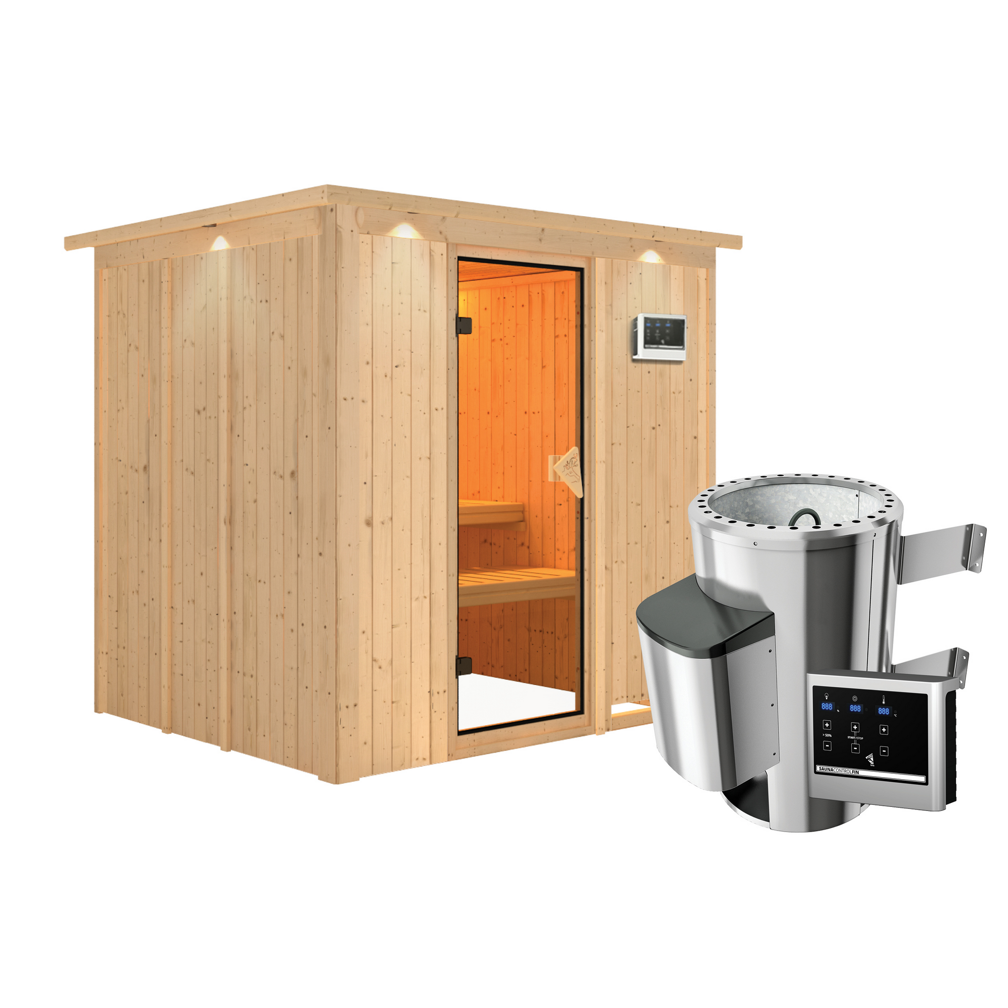 Elementsauna 'Carmen' naturbelassen mit Kranz und bronzierter Tür 3,6 kW Ofen externe Steuerung Easy 210 x 184 x 202 cm + product picture