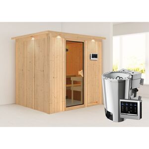 Elementsauna 'Carmen' naturbelassen mit Kranz und bronzierter Tür 3,6 kW Bio-Ofen externe Steuerung modern 210 x 184 x 202 cm