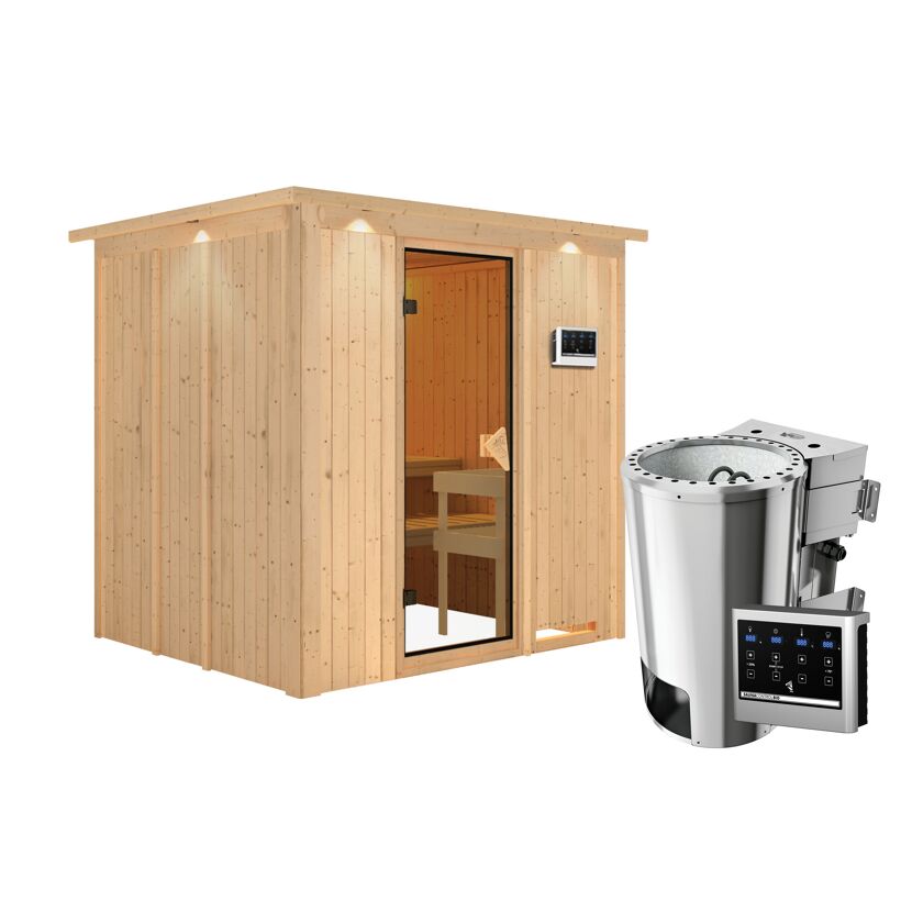 Elementsauna 'Carmen' naturbelassen mit Kranz und bronzierter Tür 3,6 kW Bio-Ofen externe Steuerung modern 210 x 184 x 202 cm