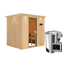 Elementsauna 'Carmen' naturbelassen mit Kranz und bronzierter Tür 3,6 kW Bio-Ofen externe Steuerung modern 210 x 184 x 202 cm