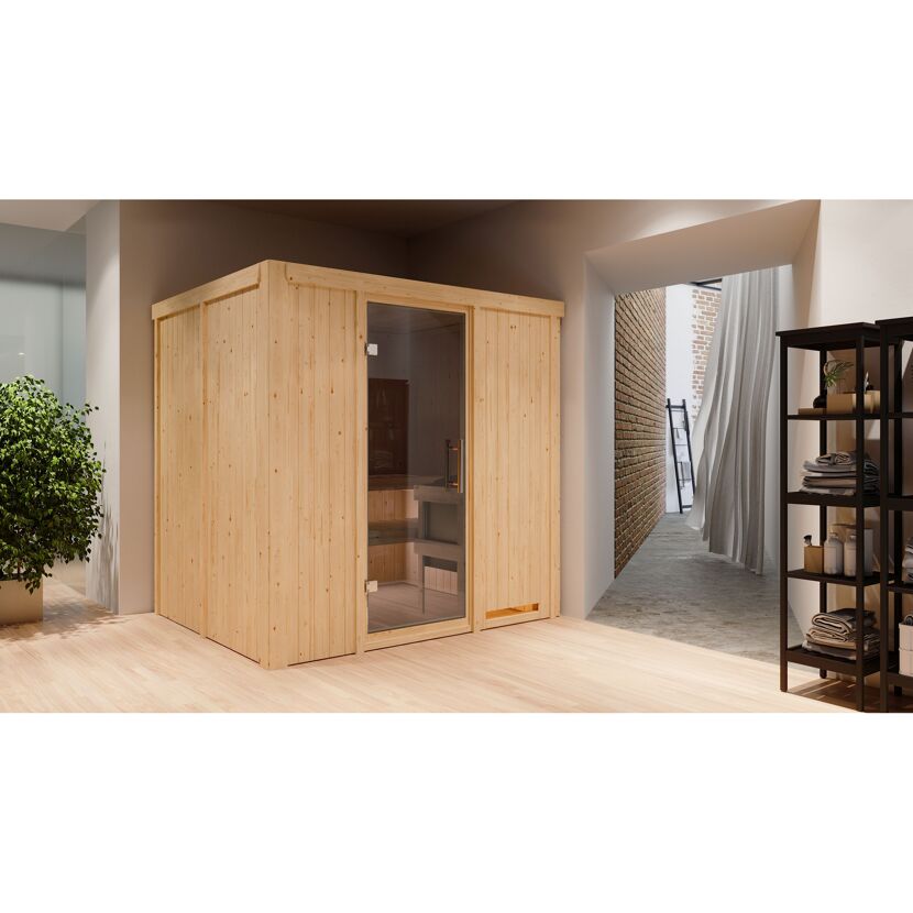 Elementsauna 'Carmen' naturbelassen mit graphitfarbener Tür 196 x 170 x 198 cm