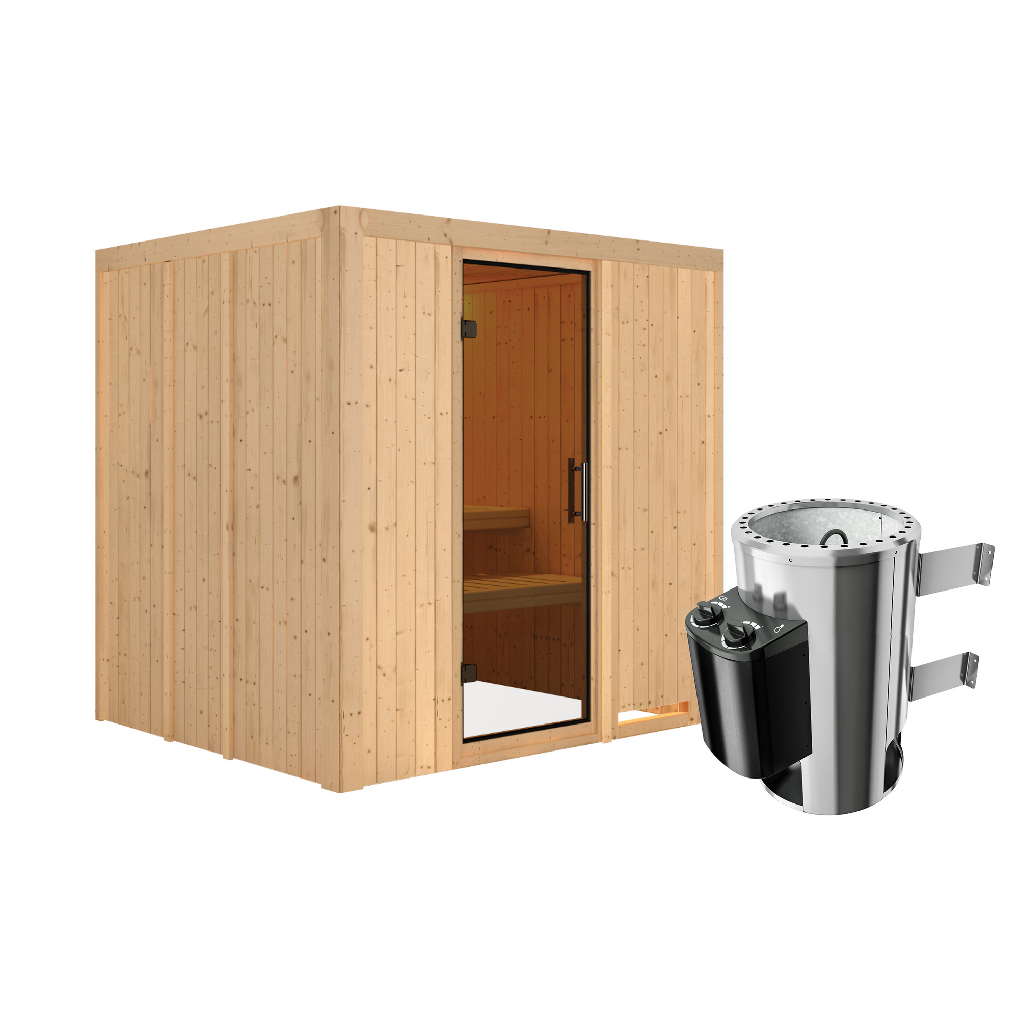 Sauna aus Holz mit Saunaofen