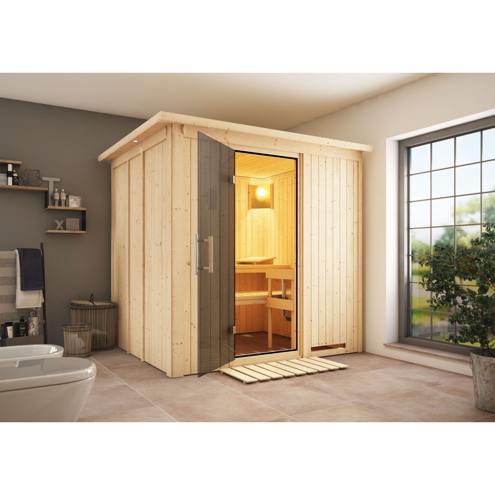 Elementsauna 'Carmen' naturbelassen mit Kranz und graphitfarbener Tür 210 x 184 x 202 cm