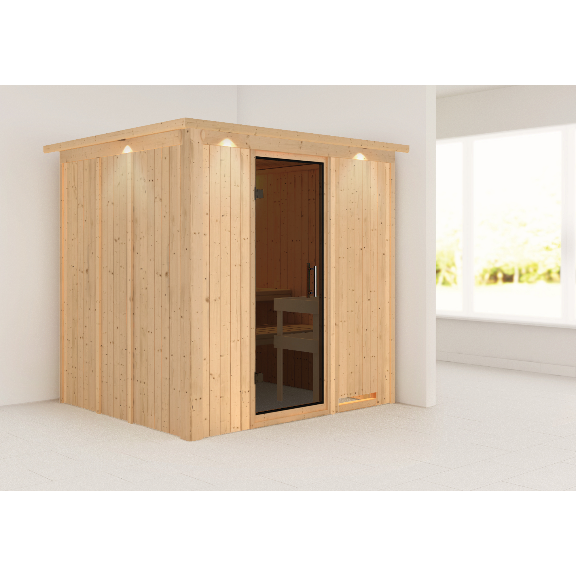 Elementsauna 'Carmen' naturbelassen mit Kranz und graphitfarbener Tür 210 x 184 x 202 cm