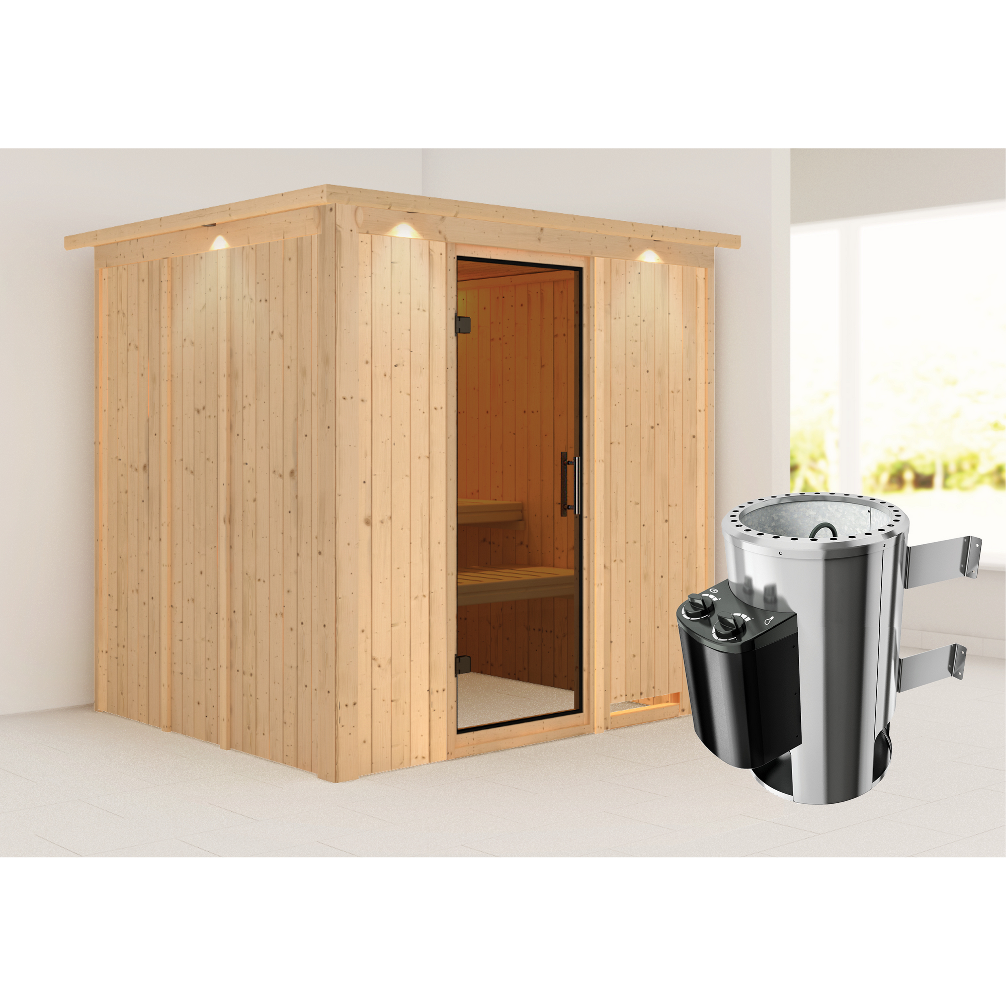 Elementsauna 'Carmen' naturbelassen mit Kranz und graphitfarbener Tür 3,6 kW Ofen integrierte Steuerung 210 x 184 x 202 cm