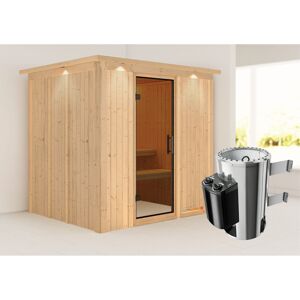 Elementsauna 'Carmen' naturbelassen mit Kranz und graphitfarbener Tür 3,6 kW Ofen integrierte Steuerung 210 x 184 x 202 cm