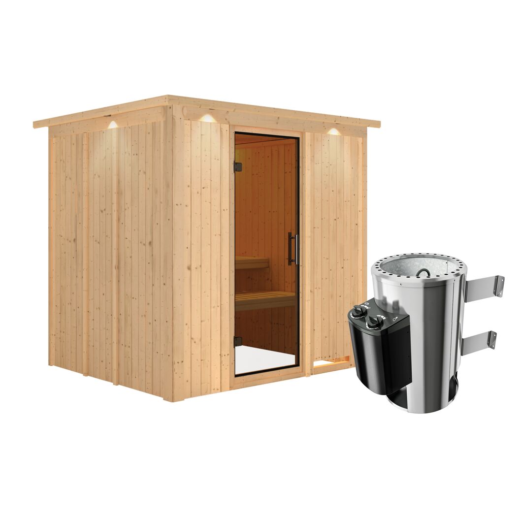 Elementsauna 'Carmen' naturbelassen mit Kranz und graphitfarbener Tür 3,6 kW Ofen integrierte Steuerung 210 x 184 x 202 cm