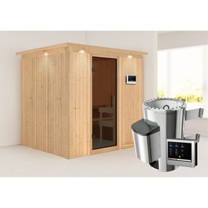 Elementsauna 'Carmen' naturbelassen mit Kranz und graphitfarbener Tür 3,6 kW Ofen externe Steuerung Easy 210 x 184 x 202 cm