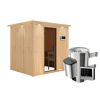 Elementsauna 'Carmen' naturbelassen mit Kranz und graphitfarbener Tür 3,6 kW Ofen externe Steuerung Easy 210 x 184 x 202 cm