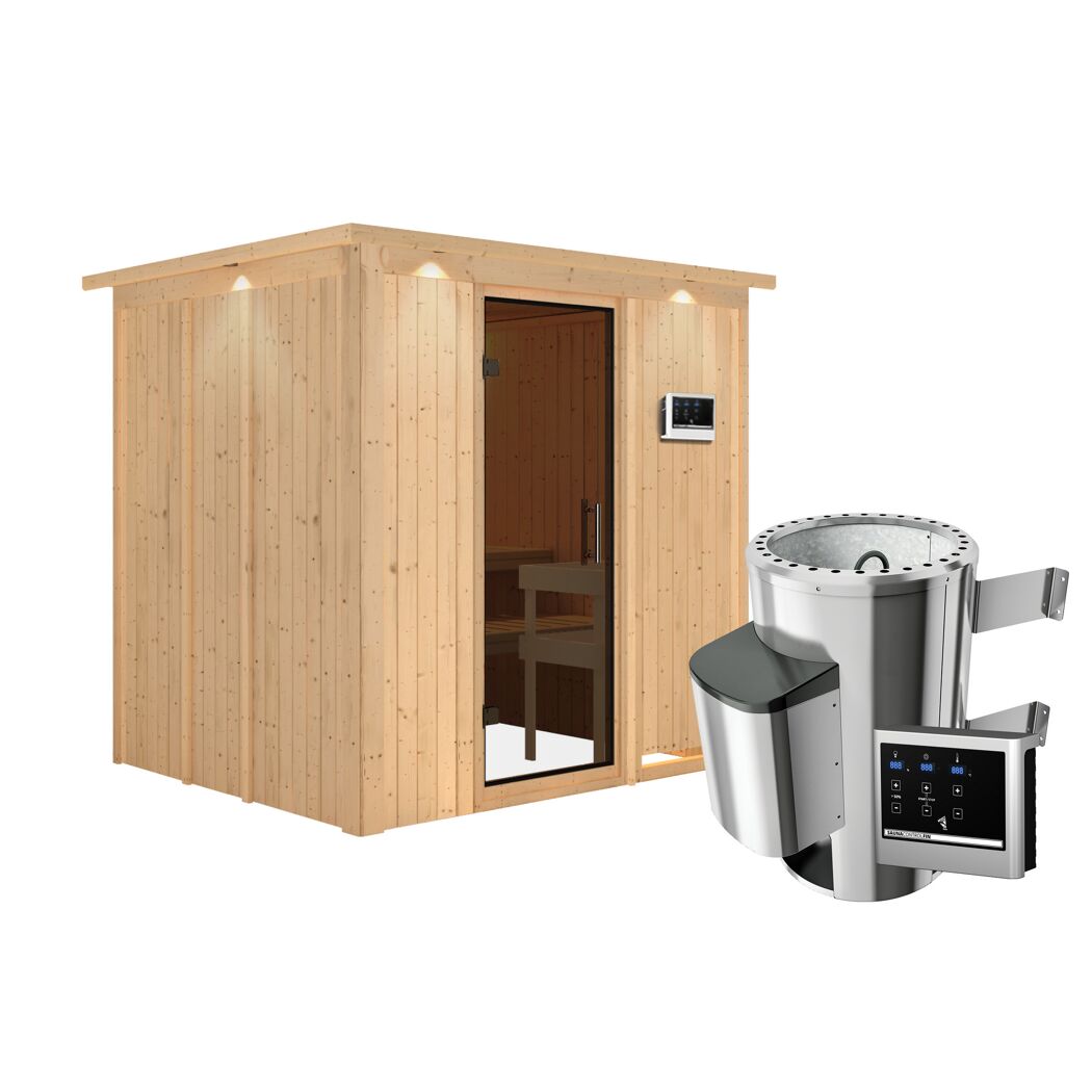 Elementsauna 'Carmen' naturbelassen mit Kranz und graphitfarbener Tür 3,6 kW Ofen externe Steuerung Easy 210 x 184 x 202 cm