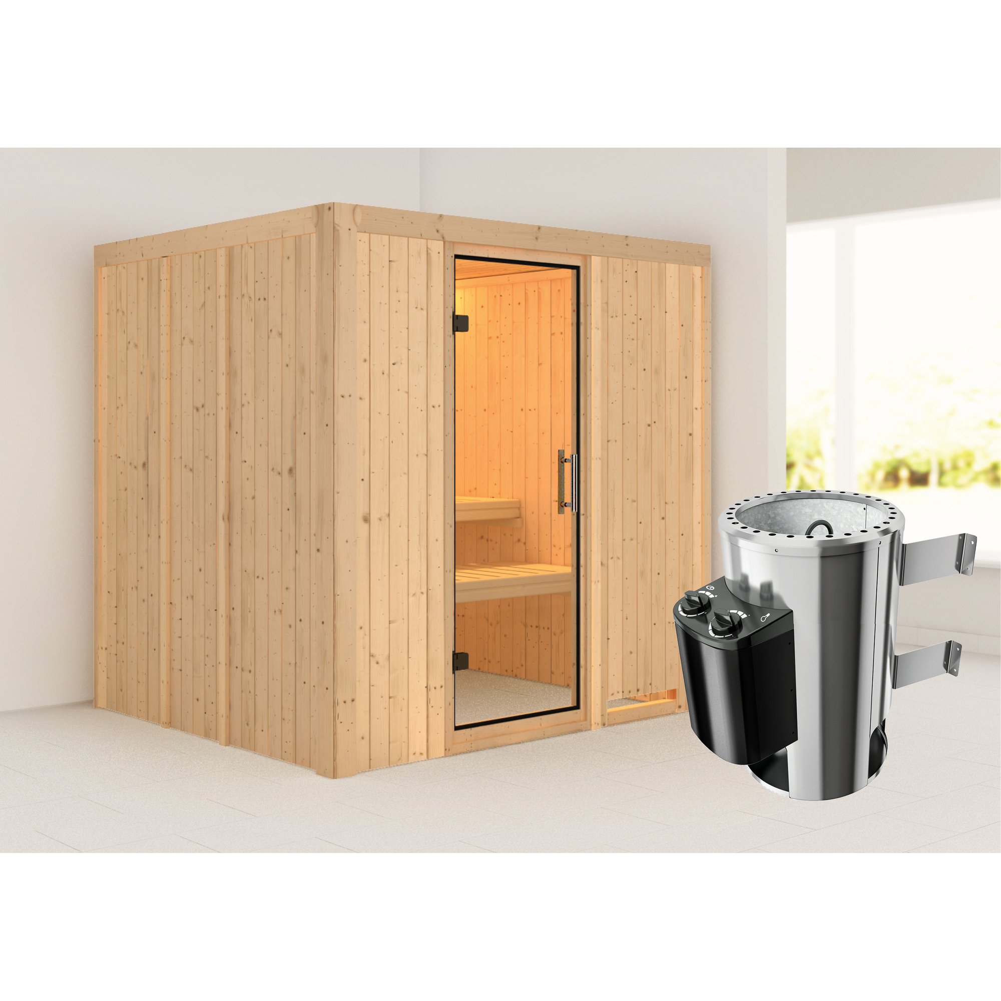Elementsauna 'Carmen' naturbelassen mit Klarglastür 3,6 kW Ofen integrierte Steuerung 196 x 170 x 198 cm