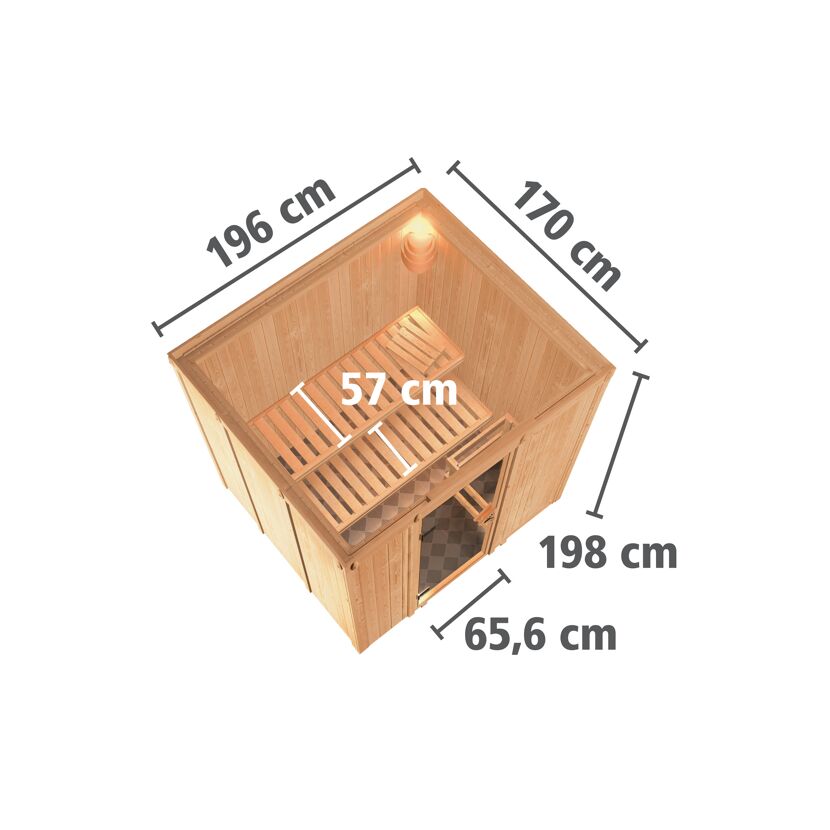 Elementsauna 'Carmen' naturbelassen mit Klarglastür 3,6 kW Ofen integrierte Steuerung 196 x 170 x 198 cm