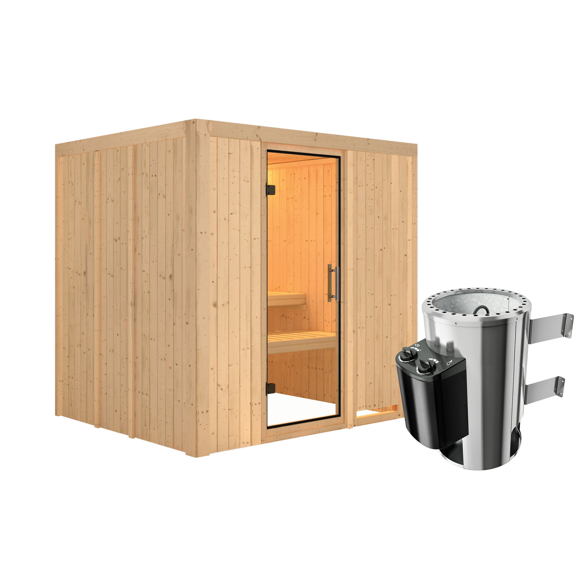 Elementsauna 'Carmen' naturbelassen mit Klarglastür 3,6 kW Ofen integrierte Steuerung 196 x 170 x 198 cm