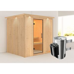 Elementsauna 'Carmen' naturbelassen mit Kranz und Klarglastür 3,6 kW Ofen integrierte Steuerung 210 x 184 x 202 cm