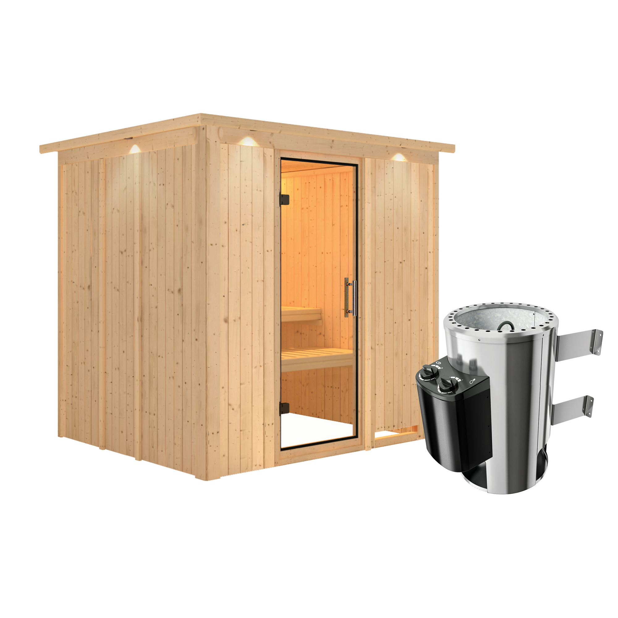 Außenansicht einer Sauna aus Holz mit Saunaofen