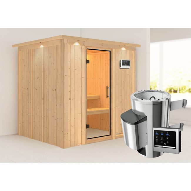 Bild von Elementsauna 'Carmen' naturbelassen mit Kranz und Klarglastür 3,6 kW Ofen externe Steuerung Easy 210 x 184 x 202 cm