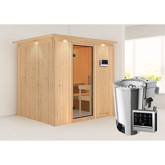 Bild von Elementsauna 'Carmen' naturbelassen mit Kranz und Klarglastür 3,6 kW Bio-Ofen externe Steuerung Easy 210 x 184 x 202 cm