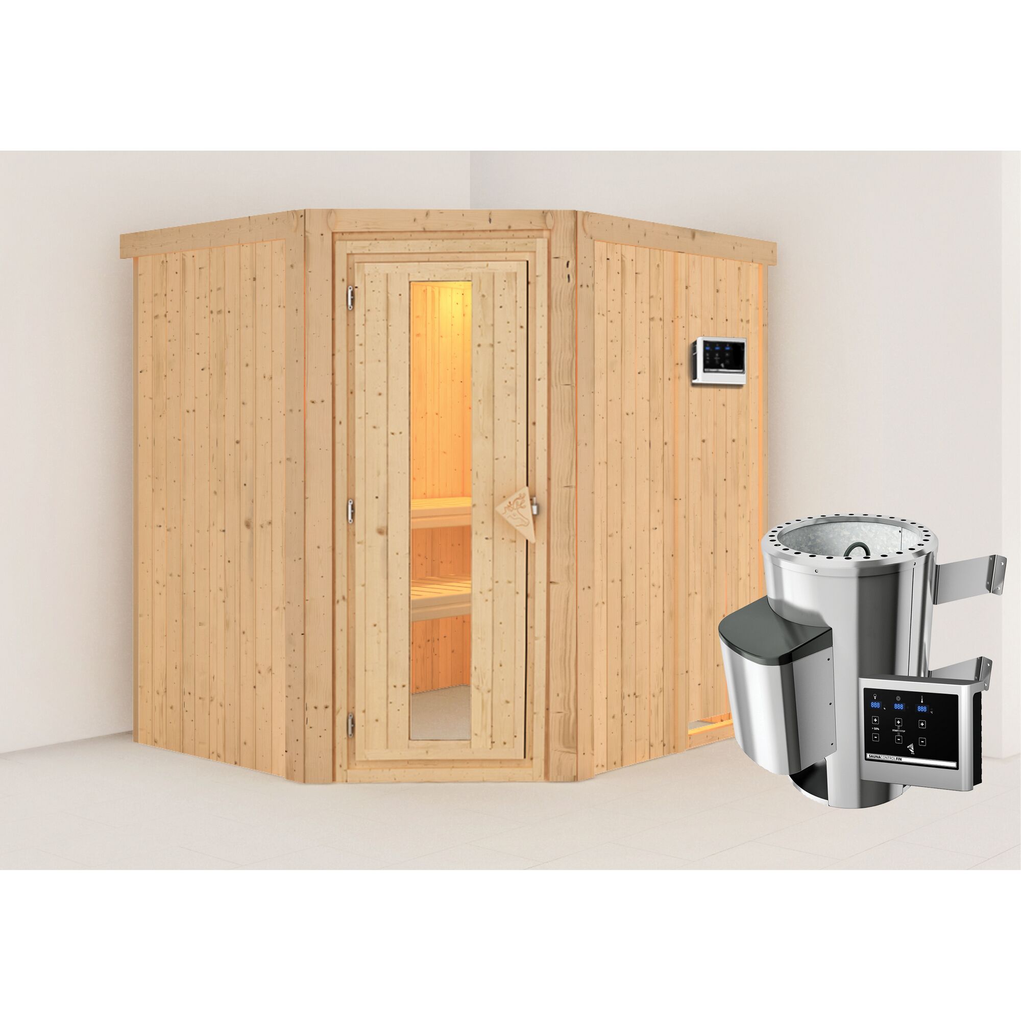 Ecksauna aus Holz mit Saunaofen