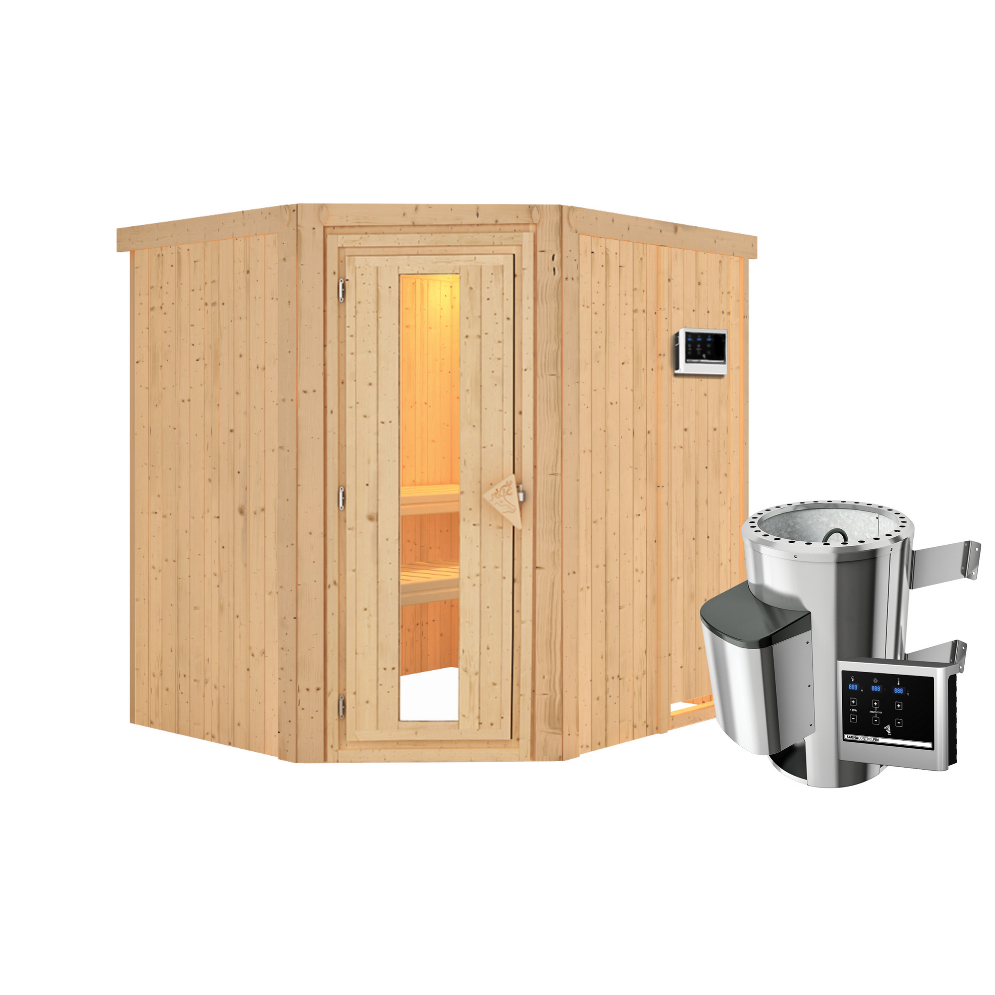 Elementsauna 'Carolina' naturbelassen mit Energiespartür 3,6 kW Ofen externe Steuerung Easy 196 x 170 x 198 cm