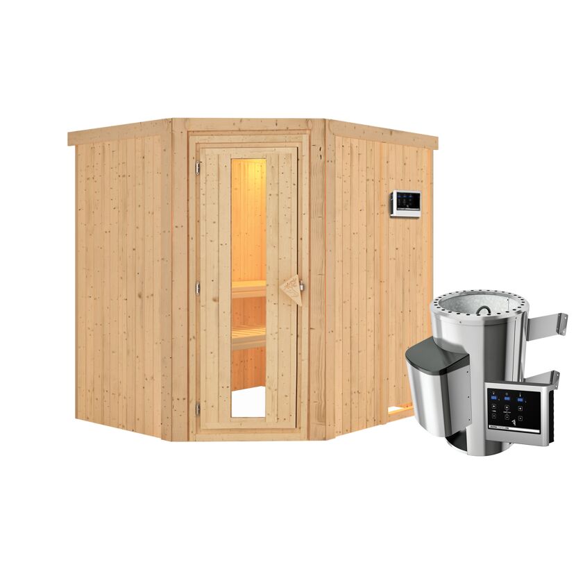 Eck-Sauna aus Holz mit Saunaofen