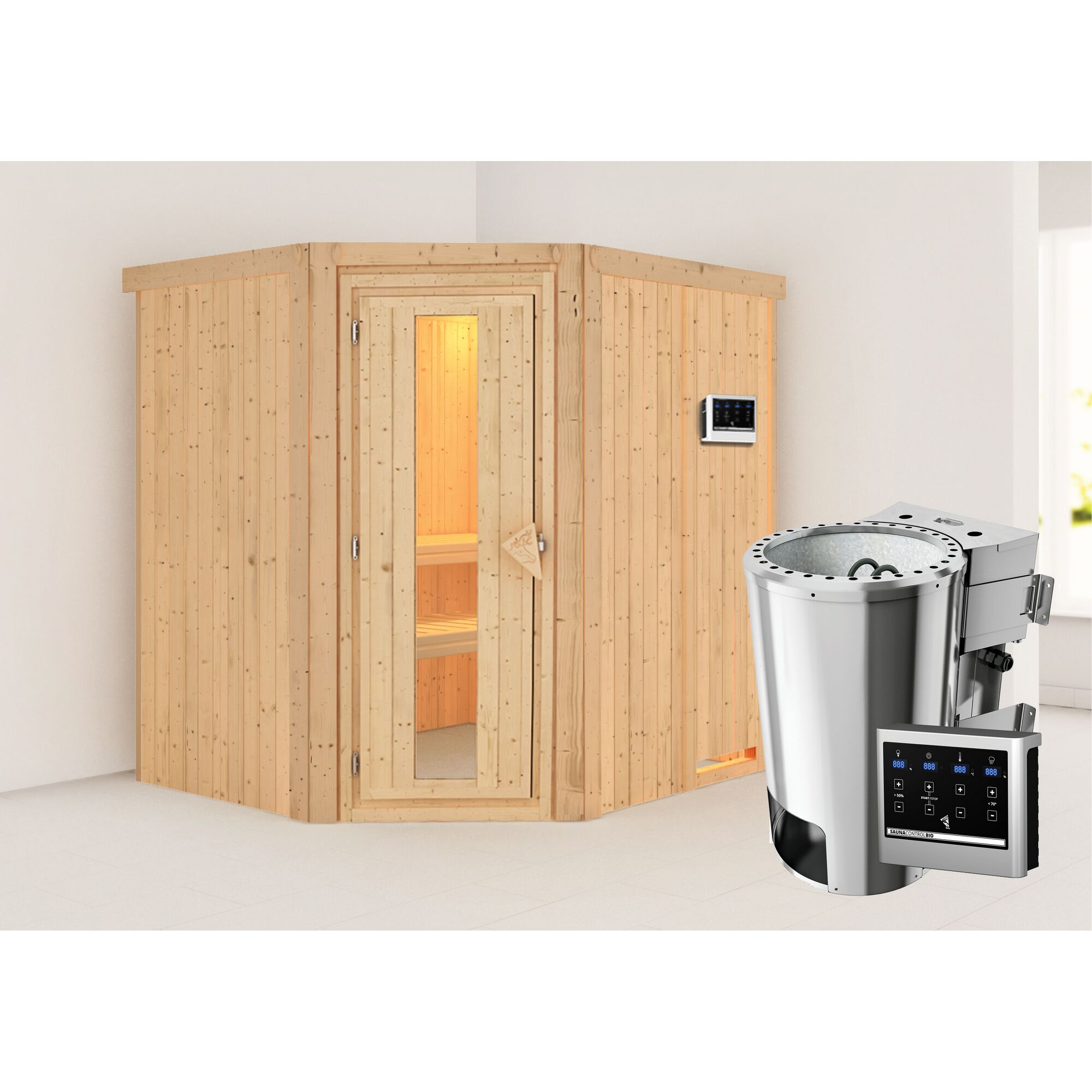 Ecksauna aus Holz mit Saunaofen
