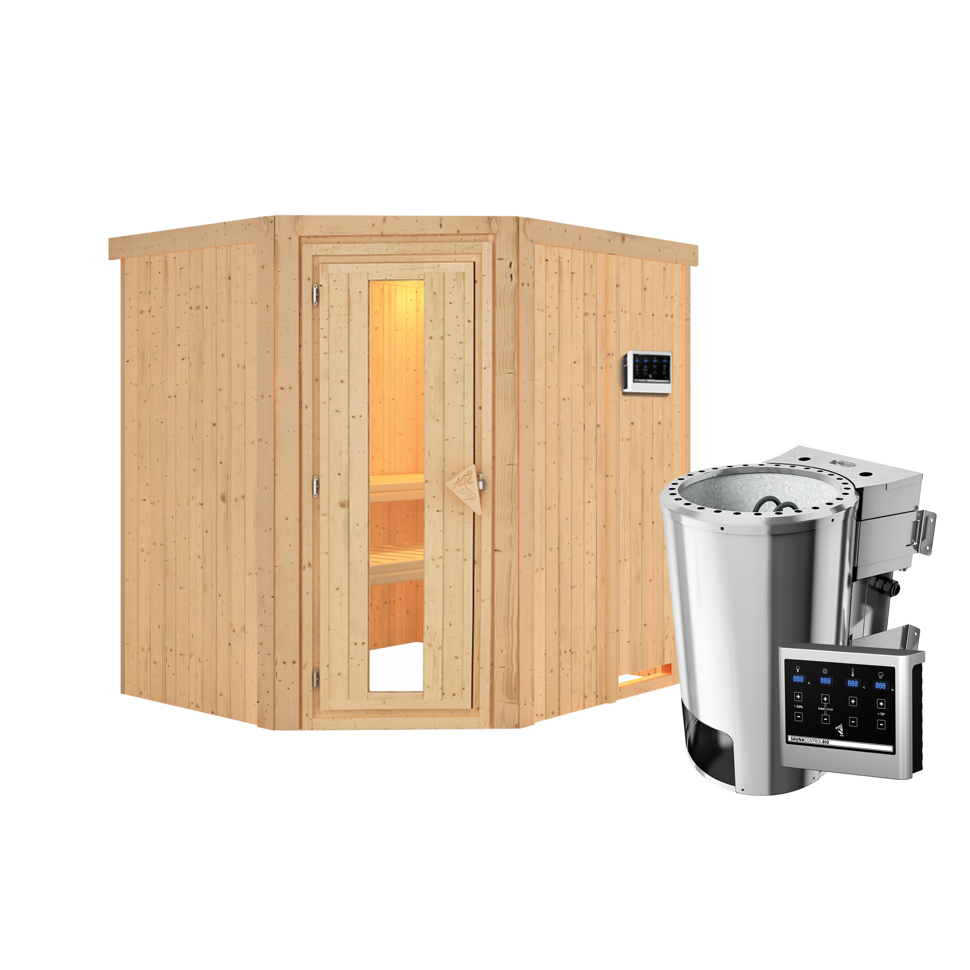 Eck-Sauna aus hellem Holz mit Saunaofen