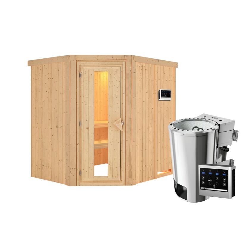 Eck-Sauna aus hellem Holz mit Saunaofen