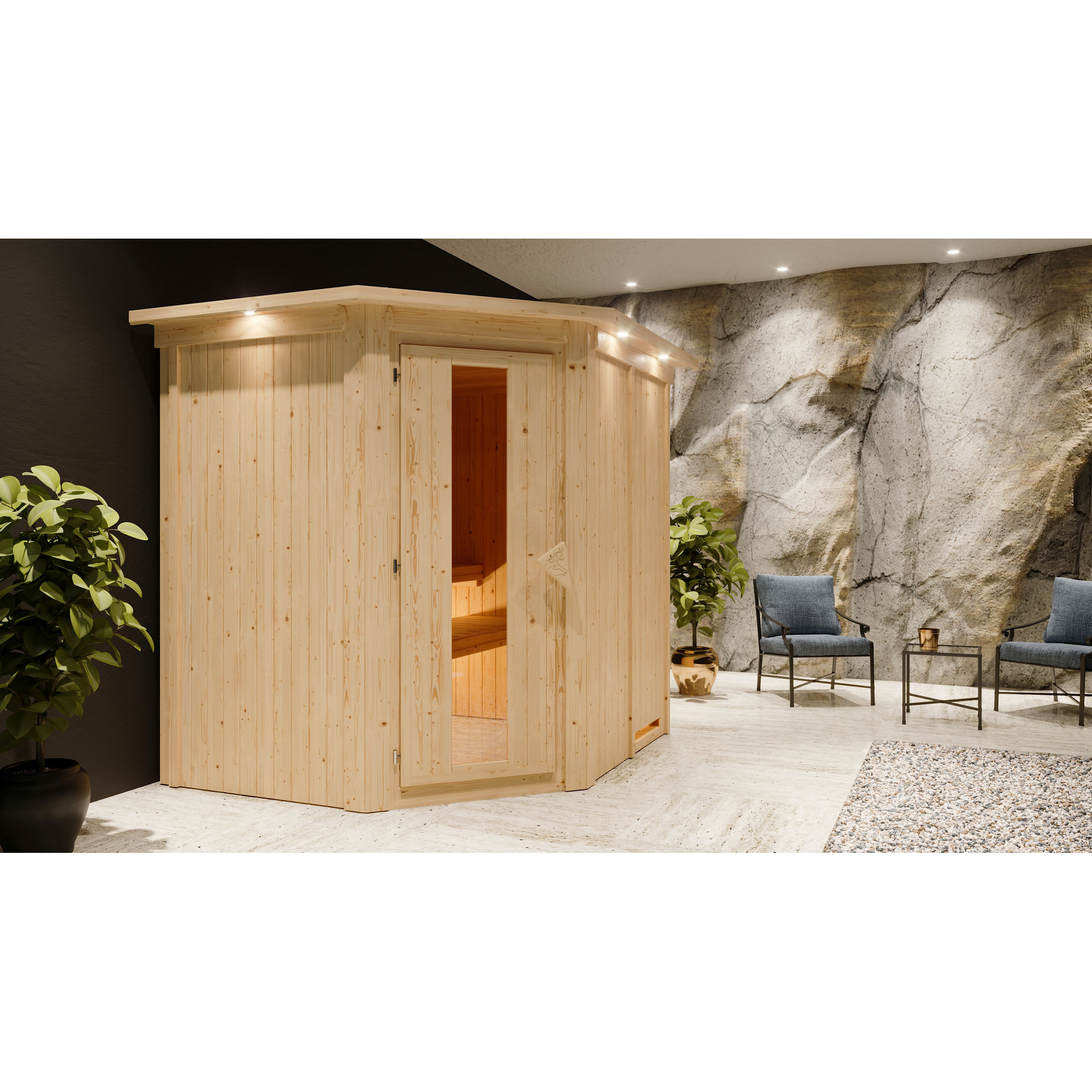 Ecksauna aus hellem Holz in einem Raum mit Steinwand