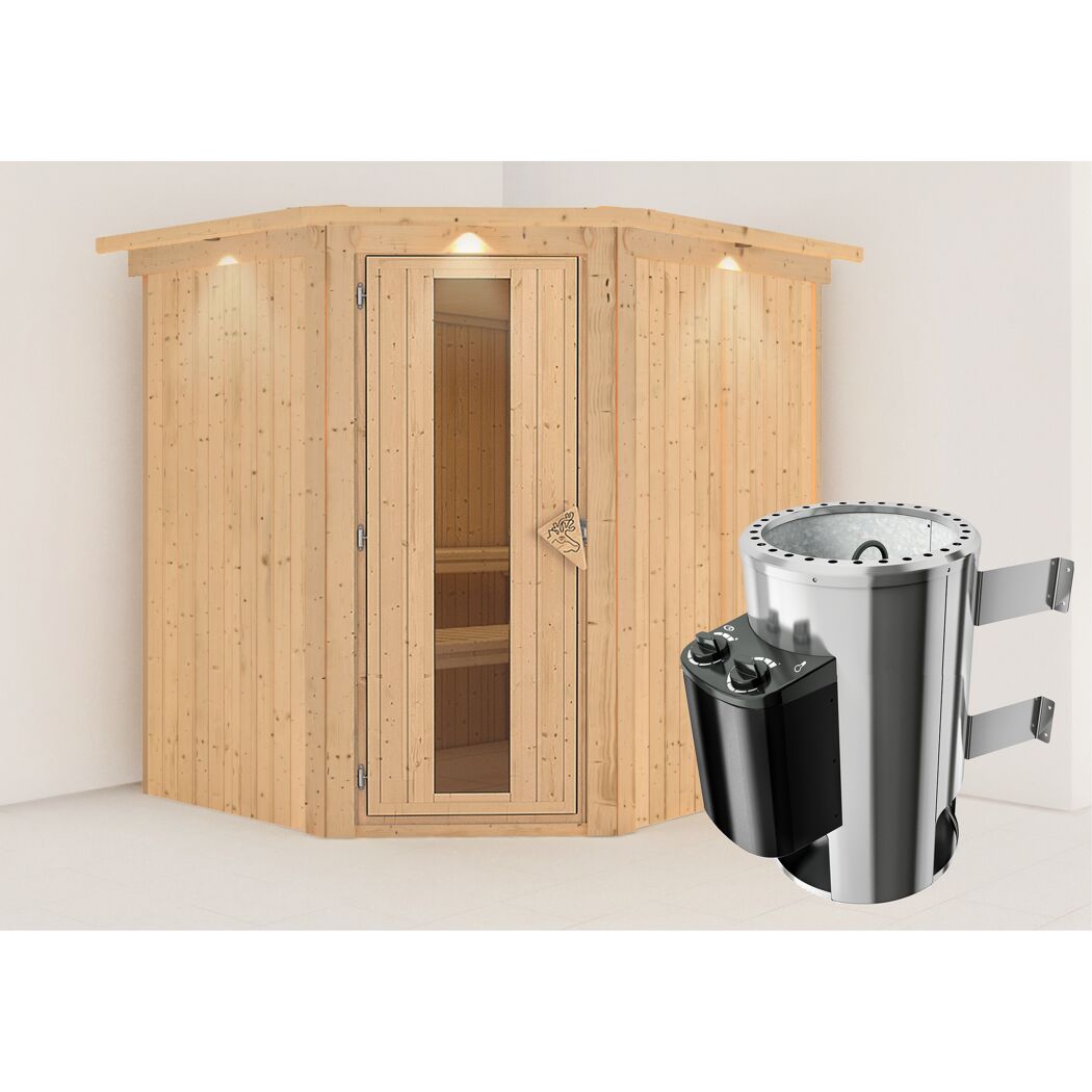 Ecksauna aus Holz mit Saunaofen