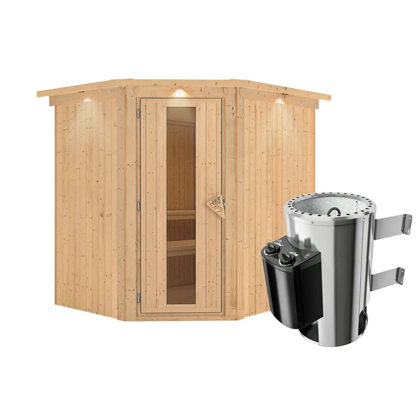 Außenansicht einer hölzernen Gartensauna mit Saunaofen