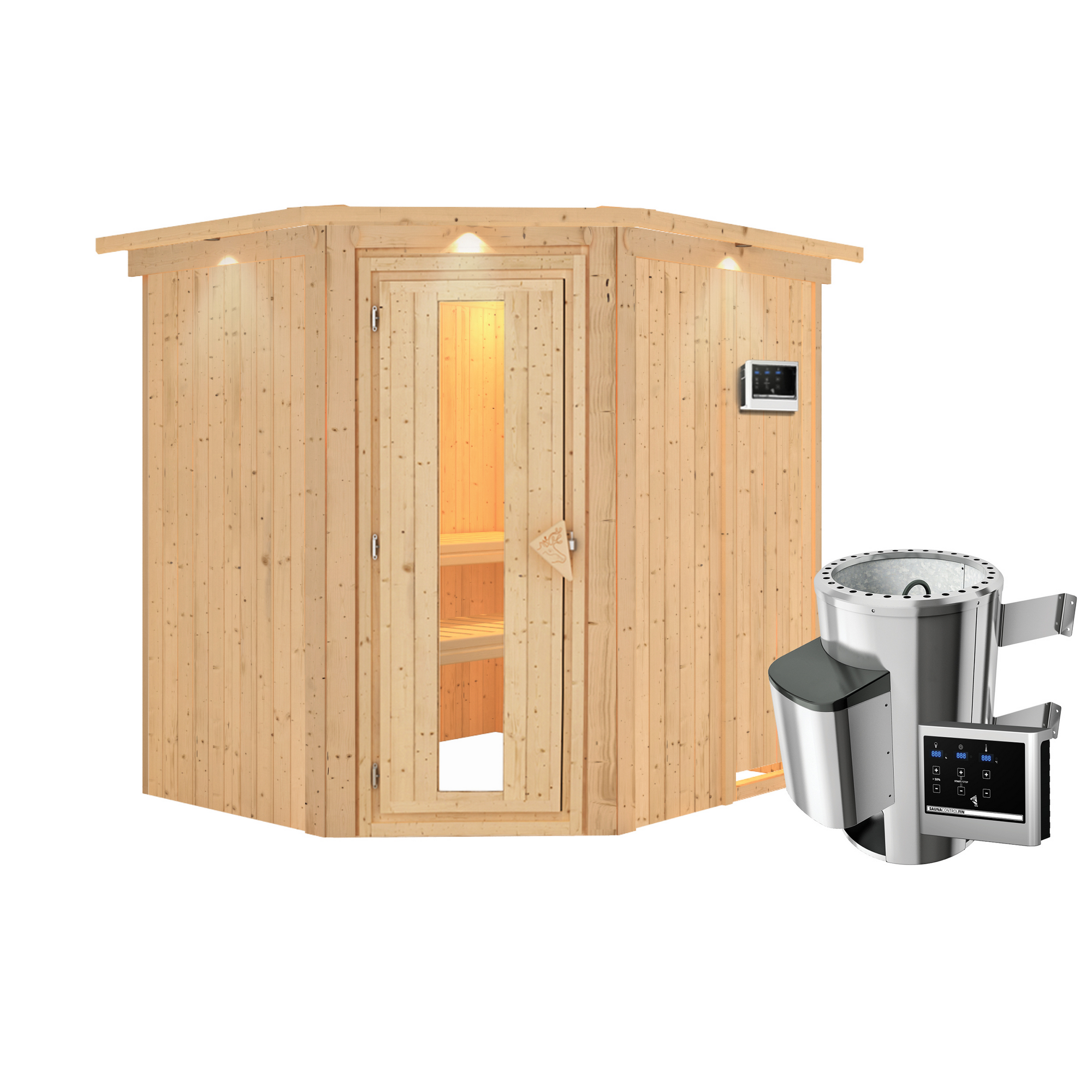 Eck-Sauna aus Holz mit Saunaofen