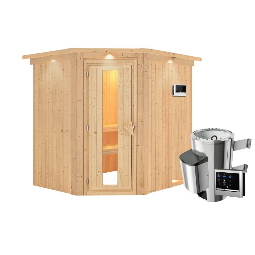 Eck-Sauna aus Holz mit Saunaofen