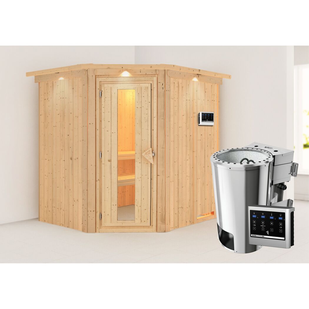 Elementsauna 'Carolina' naturbelassen mit Energiespartür und Kranz 3,6 kW Bio-Ofen externe Steuerung Easy 210 x 184 x 202 cm