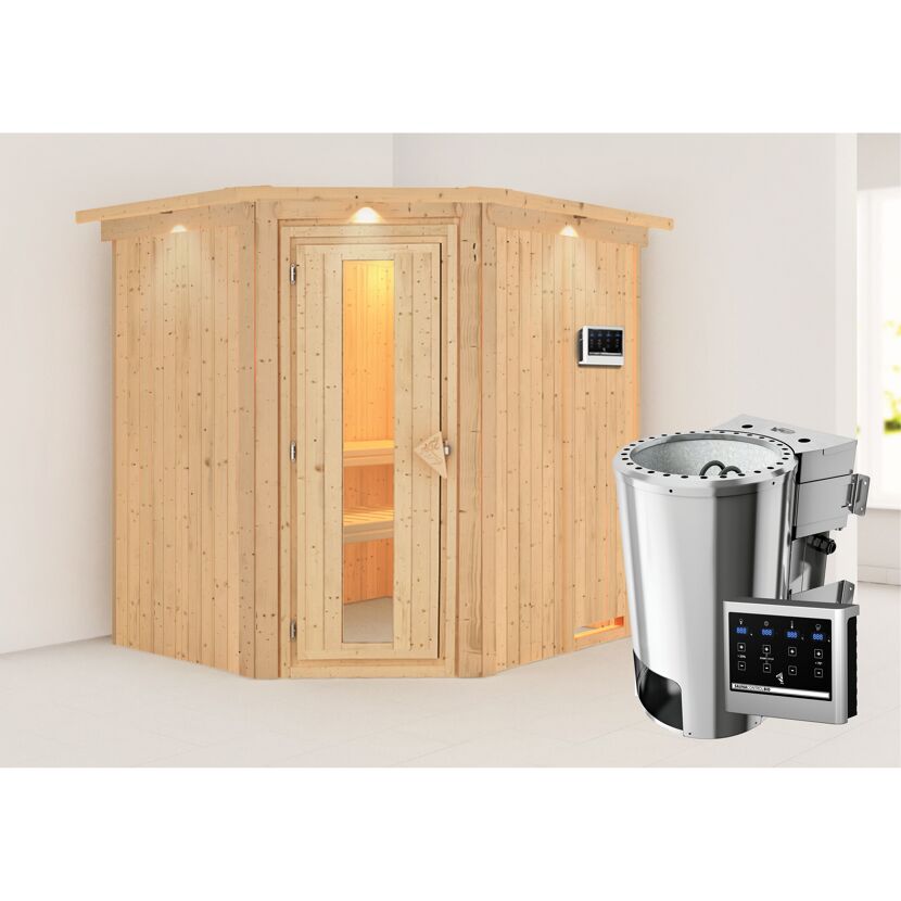 Elementsauna 'Carolina' naturbelassen mit Energiespartür und Kranz 3,6 kW Bio-Ofen externe Steuerung Easy 210 x 184 x 202 cm