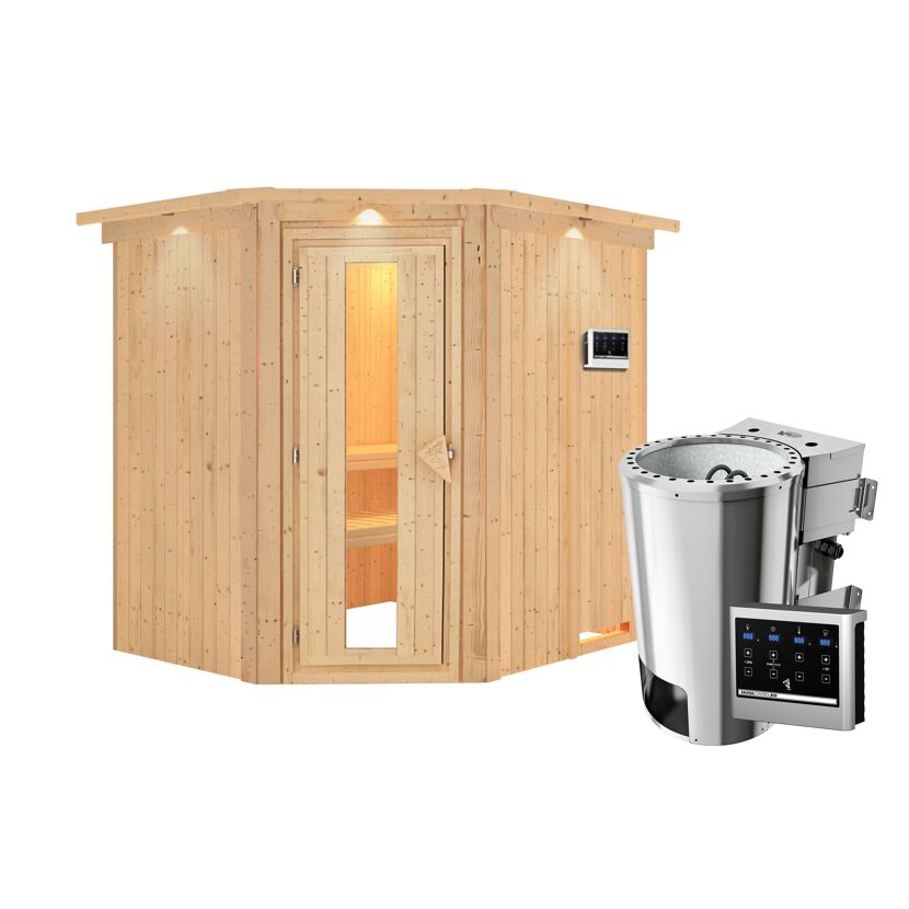 Elementsauna 'Carolina' naturbelassen mit Energiespartür und Kranz 3,6 kW Bio-Ofen externe Steuerung Easy 210 x 184 x 202 cm