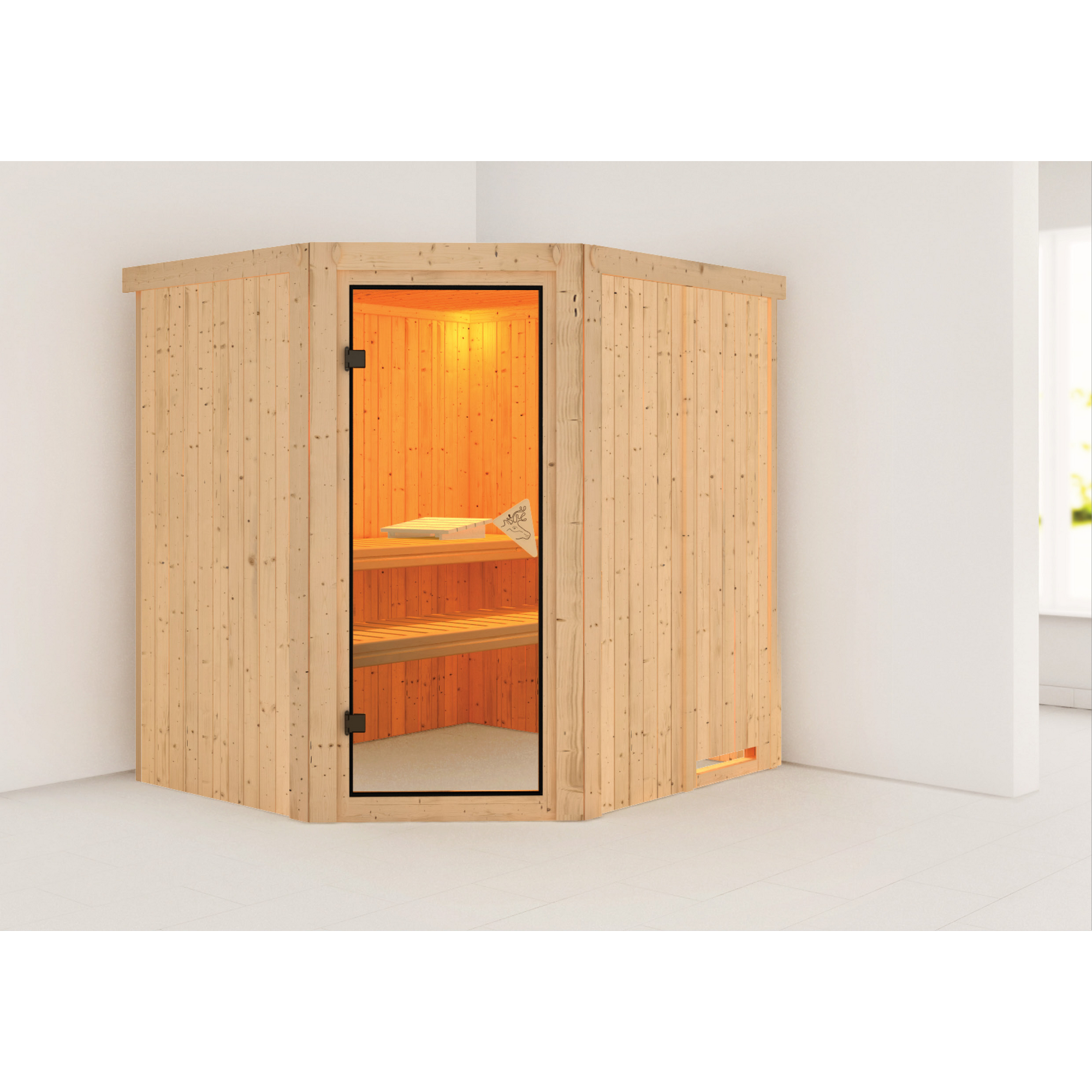Eck-Sauna aus hellem Holz mit Glastür
