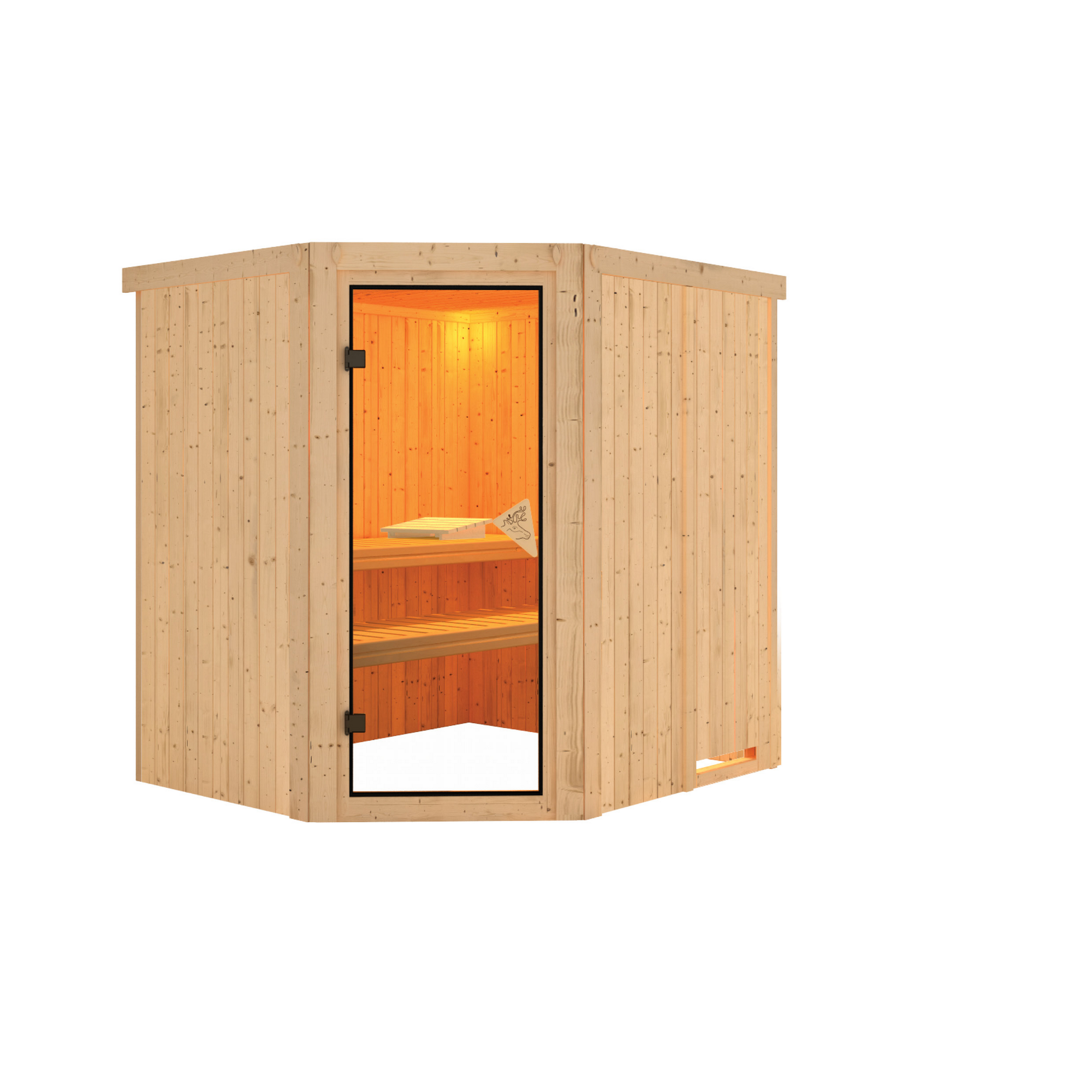 Ecksauna aus Holz mit geöffneter Tür.