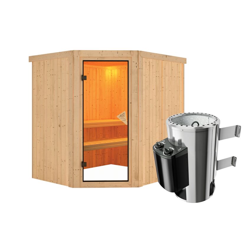 Elementsauna 'Carolina' naturbelassen mit bronzierter Tür 3,6 kW Ofen integrierte Steuerung 196 x 170 x 198 cm