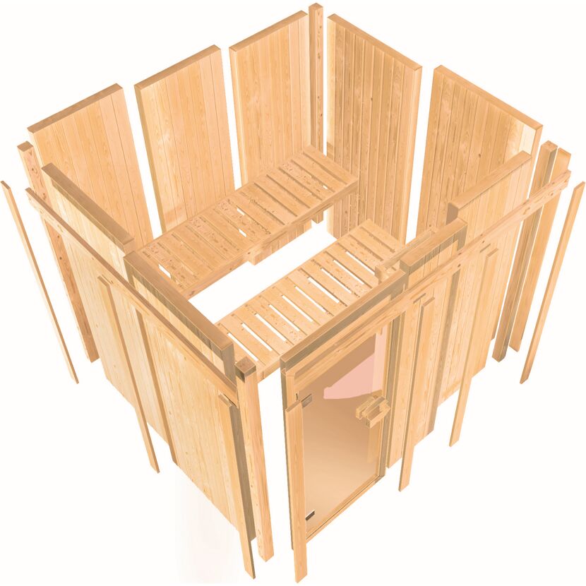Elementsauna 'Carolina' naturbelassen mit bronzierter Tür 3,6 kW Ofen integrierte Steuerung 196 x 170 x 198 cm