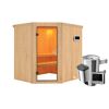 Ecksauna aus Holz mit Saunaofen