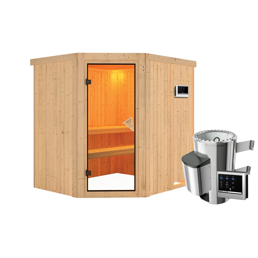 Ecksauna aus Holz mit Saunaofen