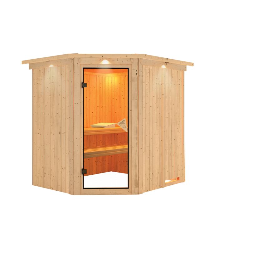 Ecksauna aus hellem Holz mit geöffneter Tür.
