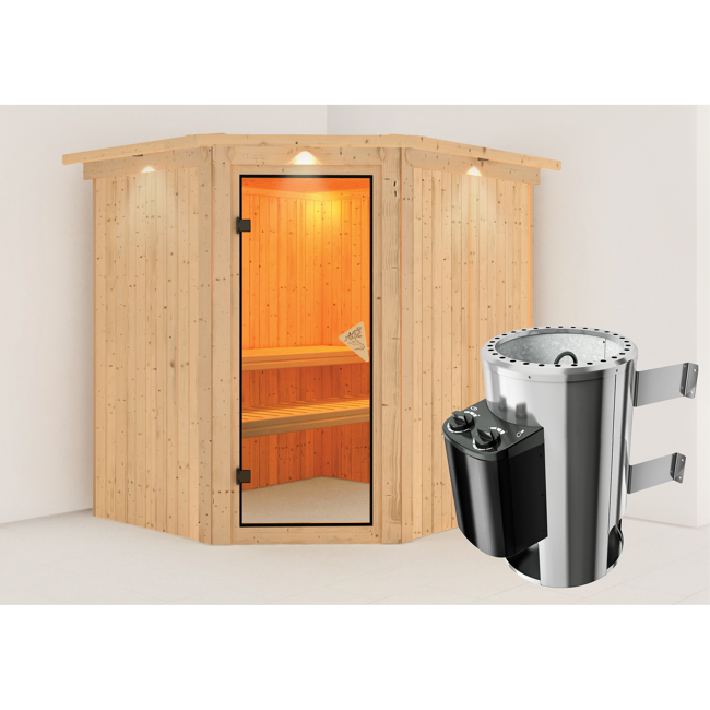 Bild von Elementsauna 'Carolina' naturbelassen mit Kranz und bronzierter Tür 3,6 kW Ofen integrierte Steuerung 210 x 184 x 202 cm