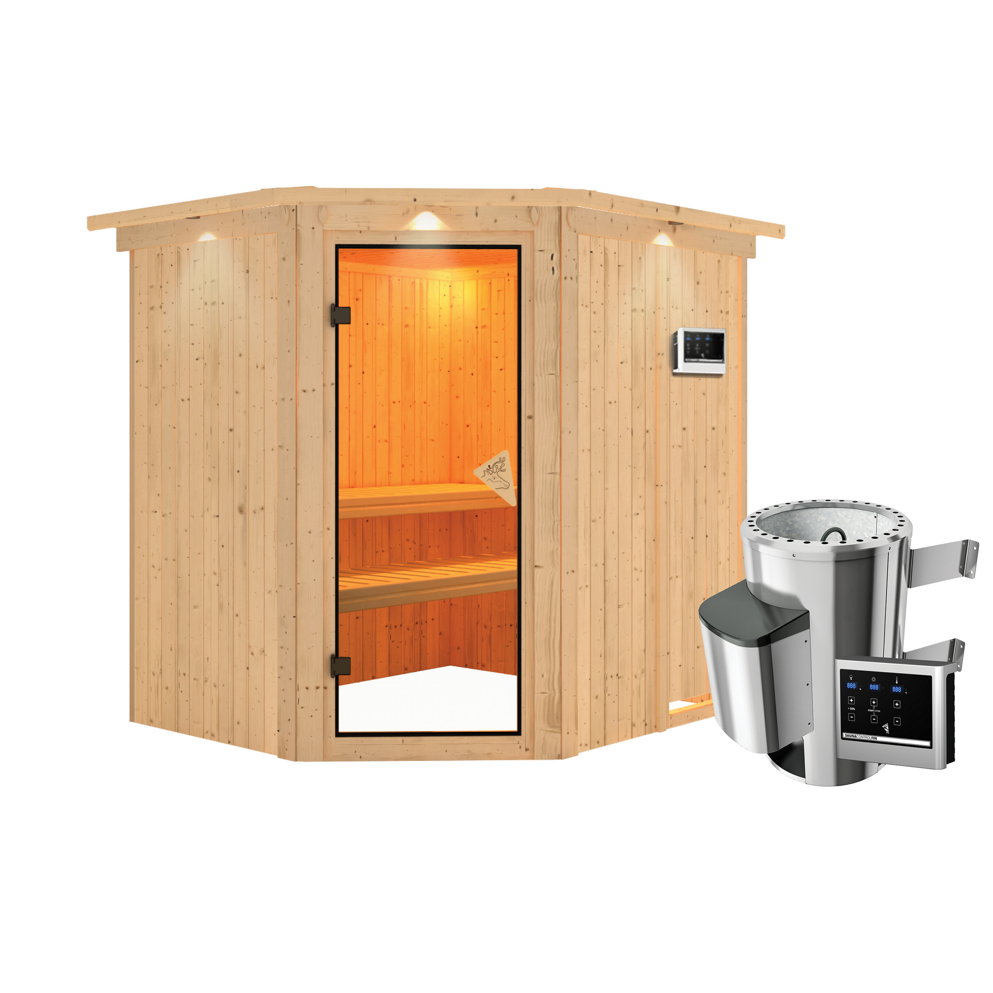 Elementsauna 'Carolina' naturbelassen mit Kranz und bronzierter Tür 3,6 kW Ofen externe Steuerung Easy 210 x 184 x 202 cm + product picture