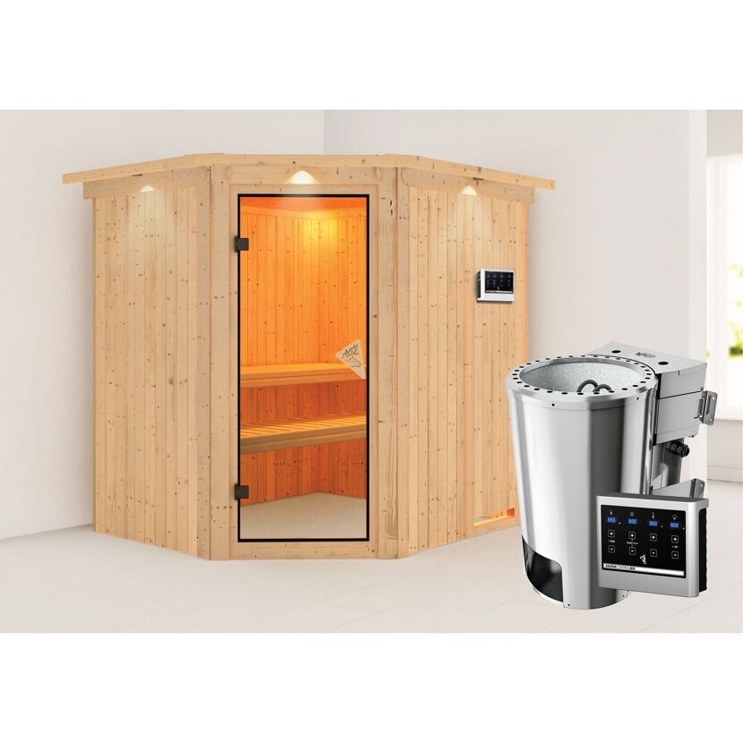 Eck-Sauna aus Holz mit Saunaofen