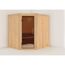 Ecksauna aus hellem Holz mit Glastür