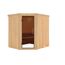 Eck-Sauna aus Holz mit offener Tür.