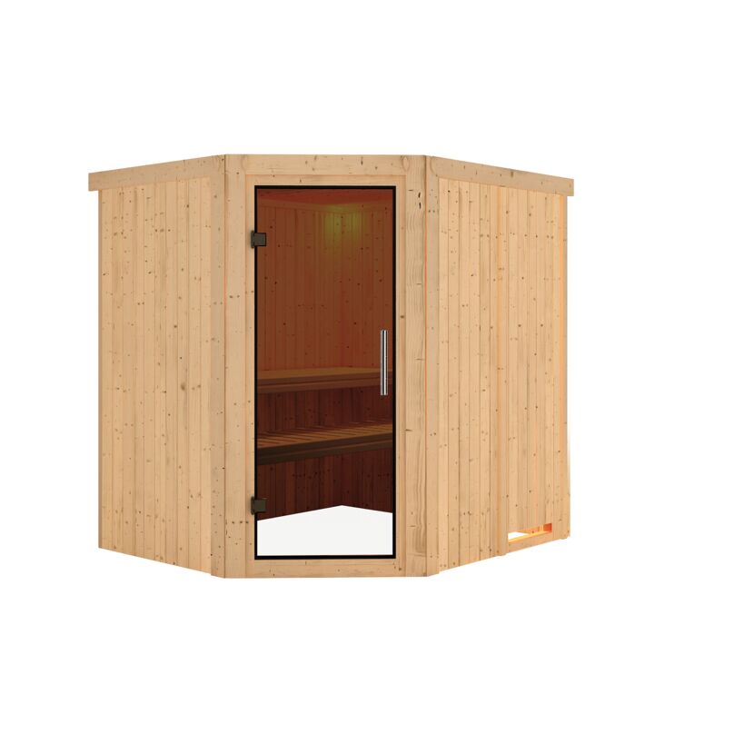 Eck-Sauna aus Holz mit offener Tür.
